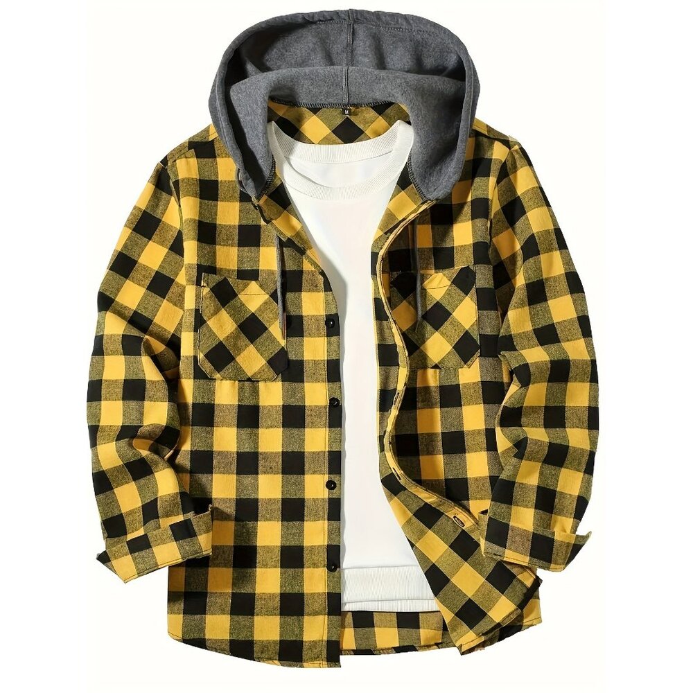Men's Flannel Hoodie Jacket Casual Long Sleeve Button Down Plaid Shirt Yellow